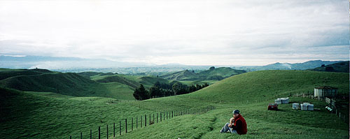 Caroline at the back of Te Kouka with her dog Mobi, 2000.