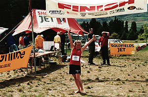 A year after completing chemotheraphy Caroline ran the Cromwell half-marathon, September 2001.